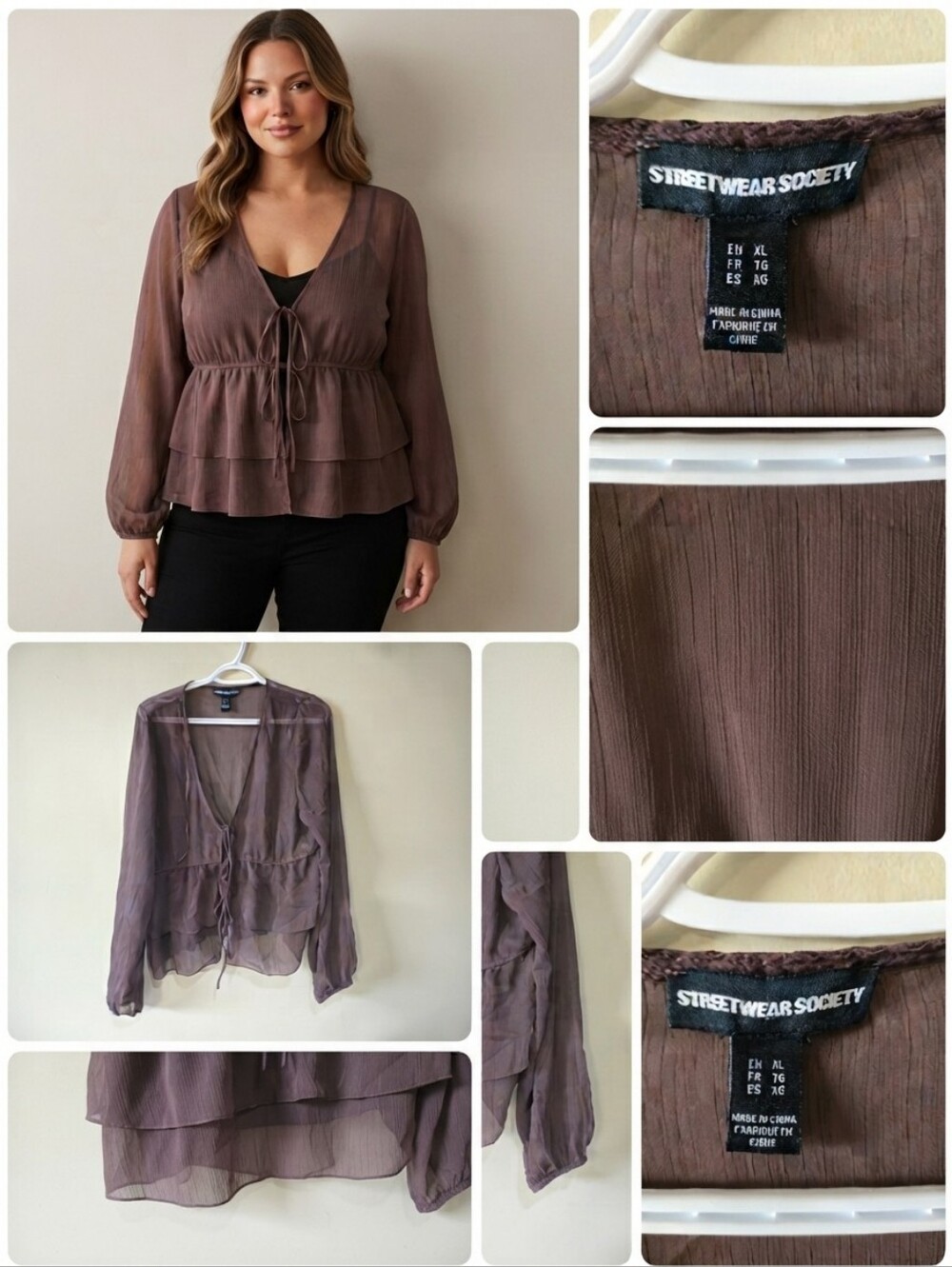 Streetwear Society Brown Sheer Chiffon Tie-Front Ruffle Blouse